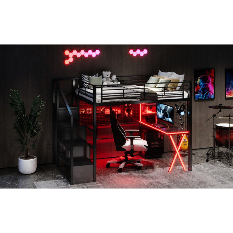 Lit mezzanine double en métal avec poste de travail intégré, garde-robe et escalier de rangement pour une retraite privée