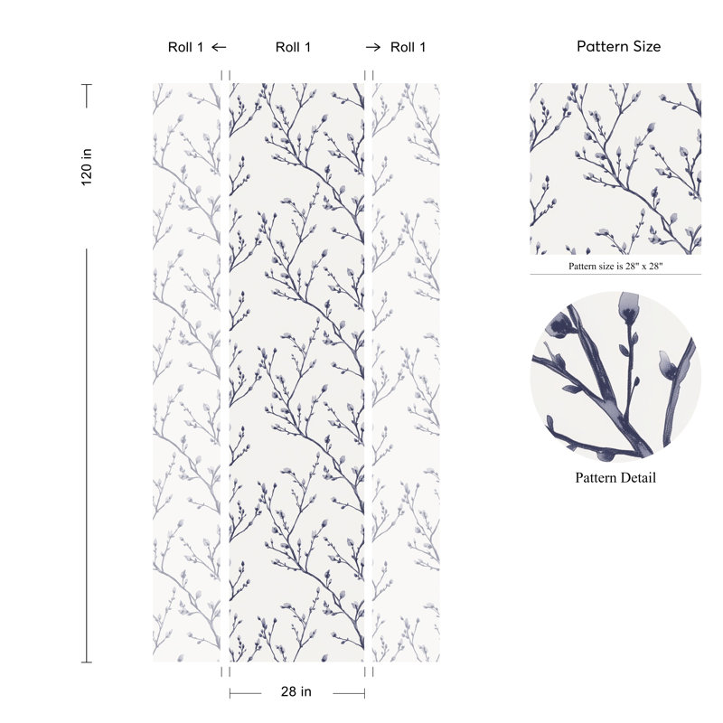 Rouleau de papier peint avec branches bleu marine minimaliste sur fond blanc