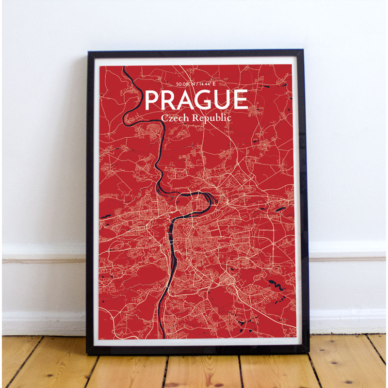Prague City Map - Unframed Graphic Art Print on Paper, 43.2cm H x 27.9cm W x 0.13cm D, Red