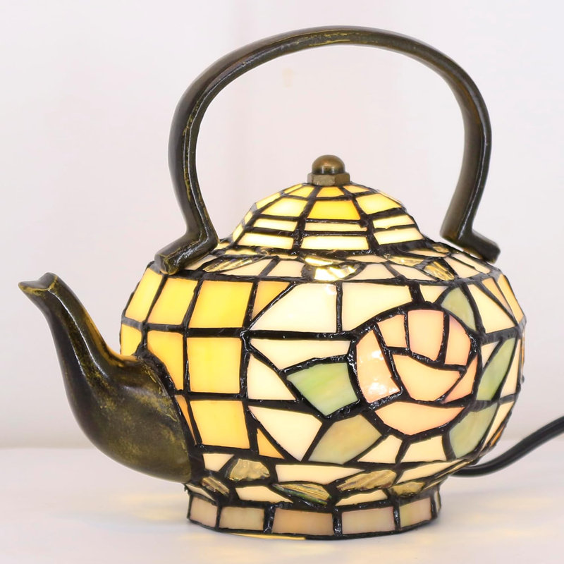 Amber Teapot Tiffany Style Stained Glass Accent Table Lamp