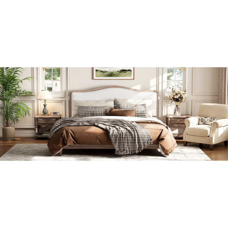 Grand lit plateforme avec tête de lit tapissier, structure grise et tissu blanc, Grand lit, Gray