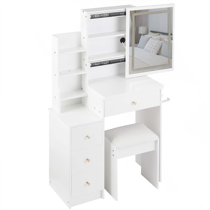 29.2" Small Size Left Bedside Cabinet Vanity Table   Cushioned Stool, 2 AC 2 USB Power Station, Hair Dryer Bracket, Extra Large Touch Control Sliding LED Mirror, Tri-Color Switching, Brightness Adjust