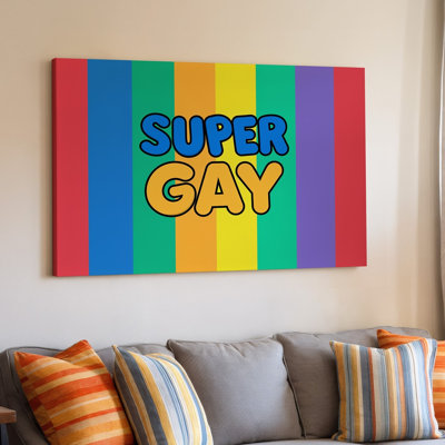La toile crée un design vibrant et ludique avec un fond d'art rayé arc-en-ciel avec un lettrage audacieux