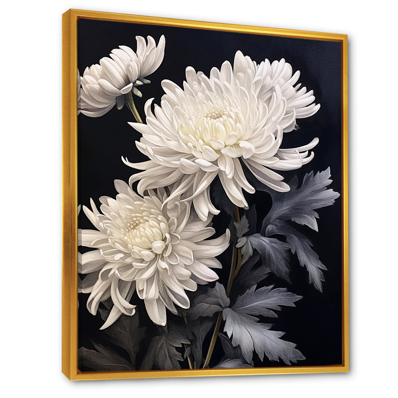 «Mums White» sur 20 nuances de gris foncé I sur toile, Cadre flottant doré, H 32 po x l 16 po