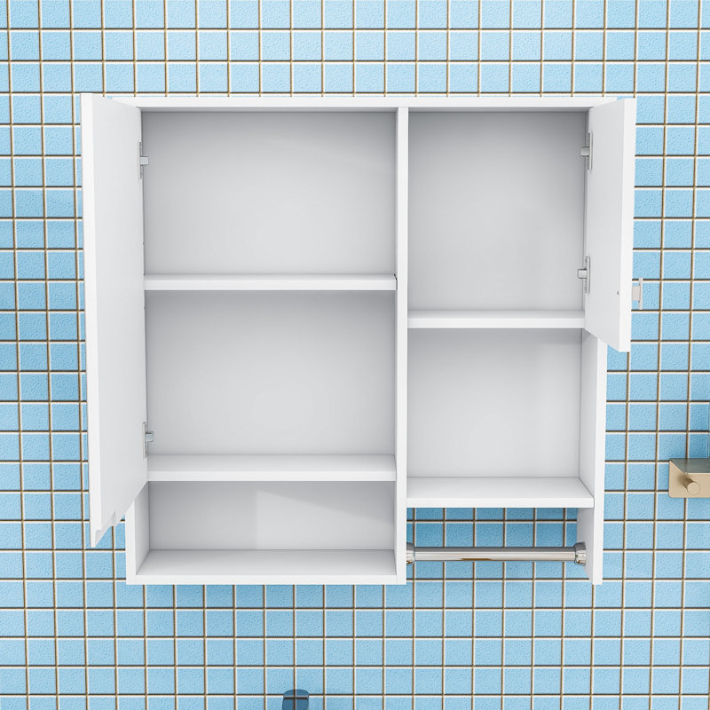 Armoire de salle de bain murale à miroir avec tablette réglable, porte-serviettes et conception imperméable, Blanc