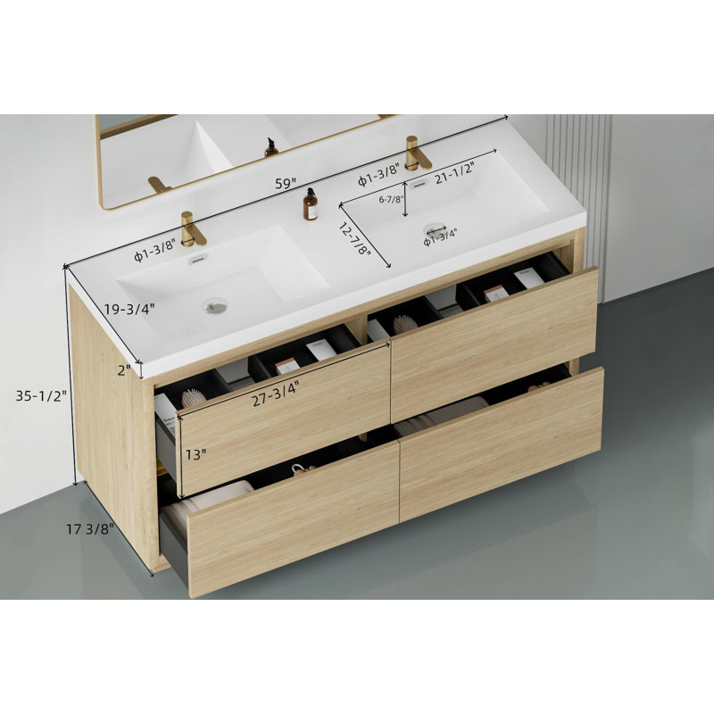 Meuble-lavabo double autoportant 60 po avec plateau en résine Beira, Chêne