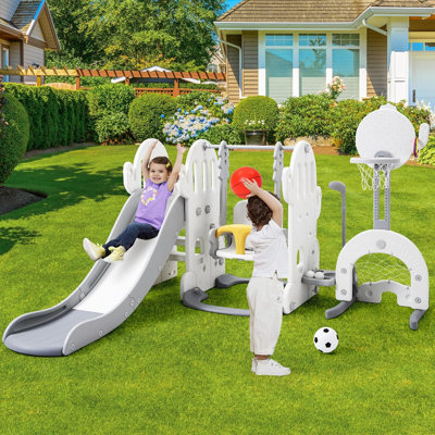 7 in 1 Slide and Swing Set for Toddler, Kids Freestanding Slide Climber with Adjustable Swing and Basketball Hoop, Soccer Golf and Ring Toss Game, Indoor Outdoor Playset for Toddlers Age 1-3, Grey