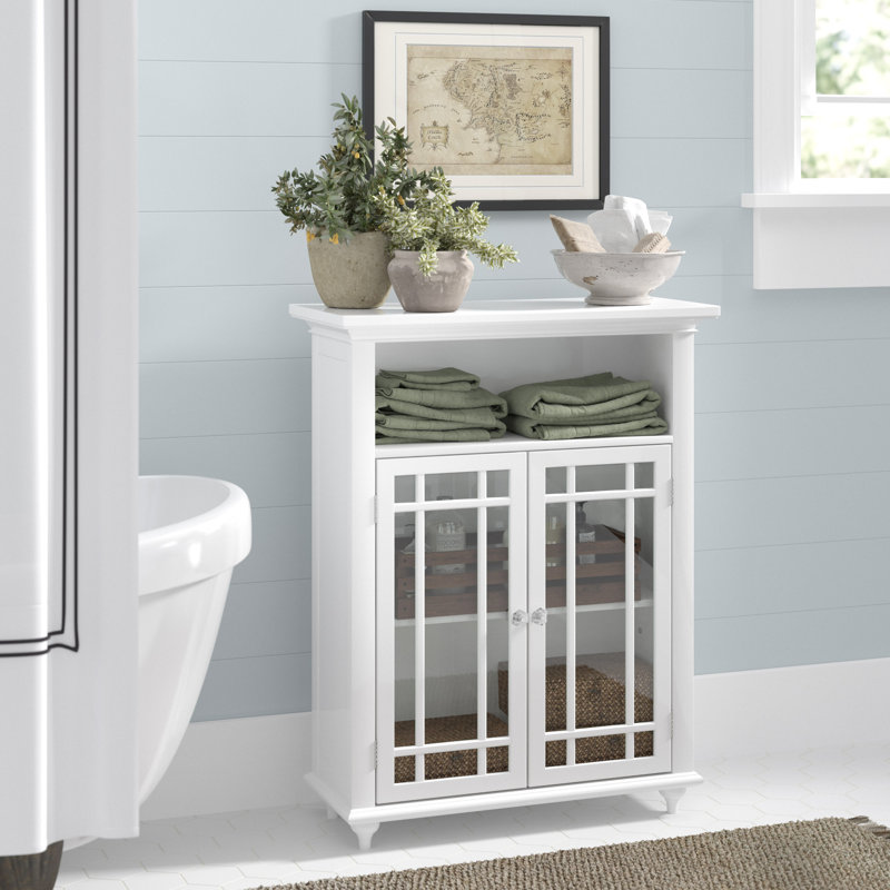 Freestanding Two-Door Floor Bathroom Storage Acent Cabinet with Glass Panels and Open Shelf, White