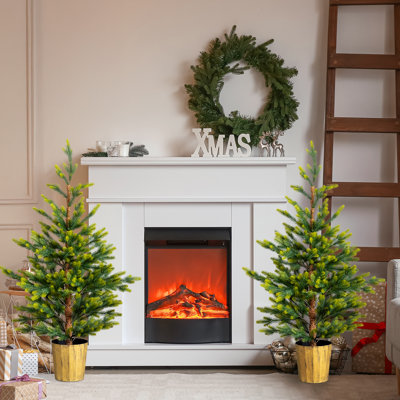 2 Pack 4ft Dual-tone Green Artificial Christmas Trees, Potted Xmas Pine Trees (119 Branch Tips/tree) – Ideal For Home/office/holiday Party Decor, Flam