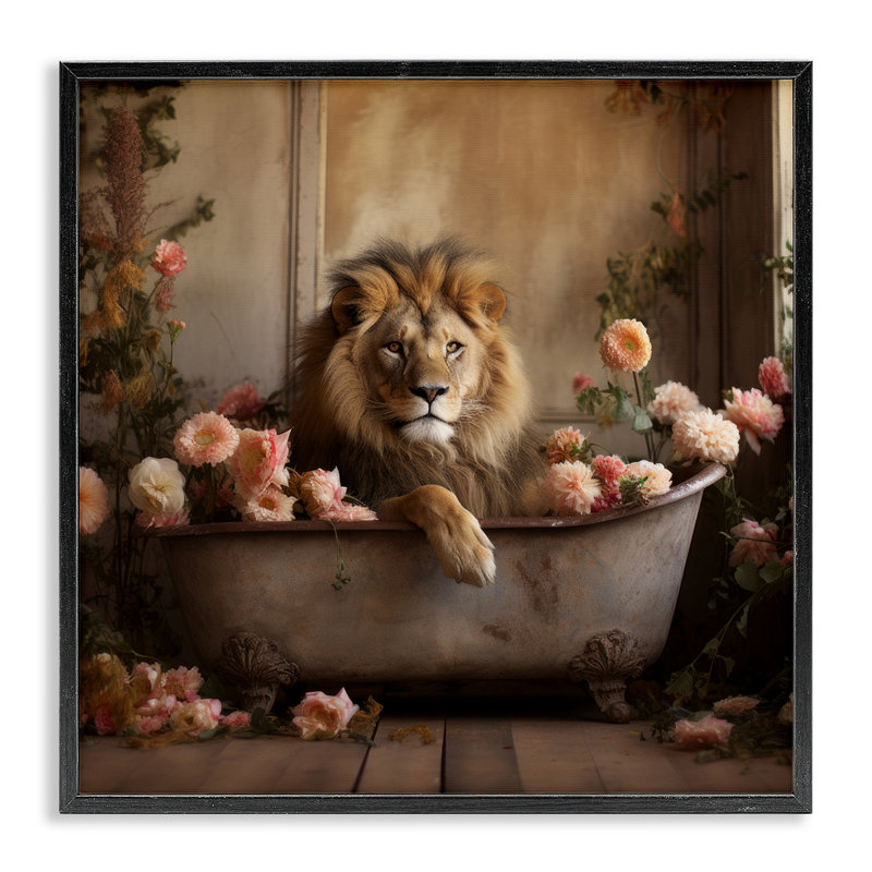 Lion dans une baignoire remplie de cadre photo unique, reproduction sur toile, Giclée encadrée noir minuit, H 17 po x l 17 po