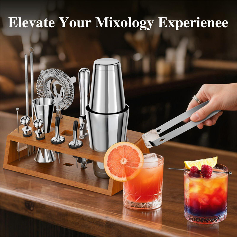 Ensemble bistro avec support Mixology | Ensemble 17 pièces shaker à cocktail | Ensemble de mélangeur à boisson 28 oz Boston Shaker avec tous les accessoires essentiels | Cadeau amusant de pendaison de crémaillère (argent)