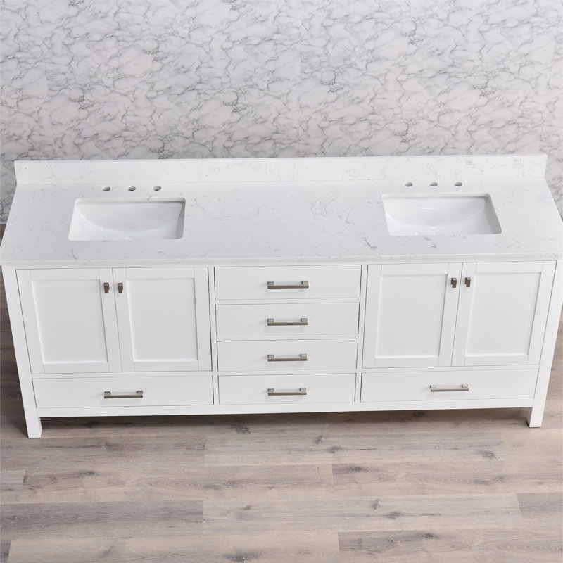 Meuble-lavabo 84 po avec double vasque Cholena, Blanc, Nickel brossé