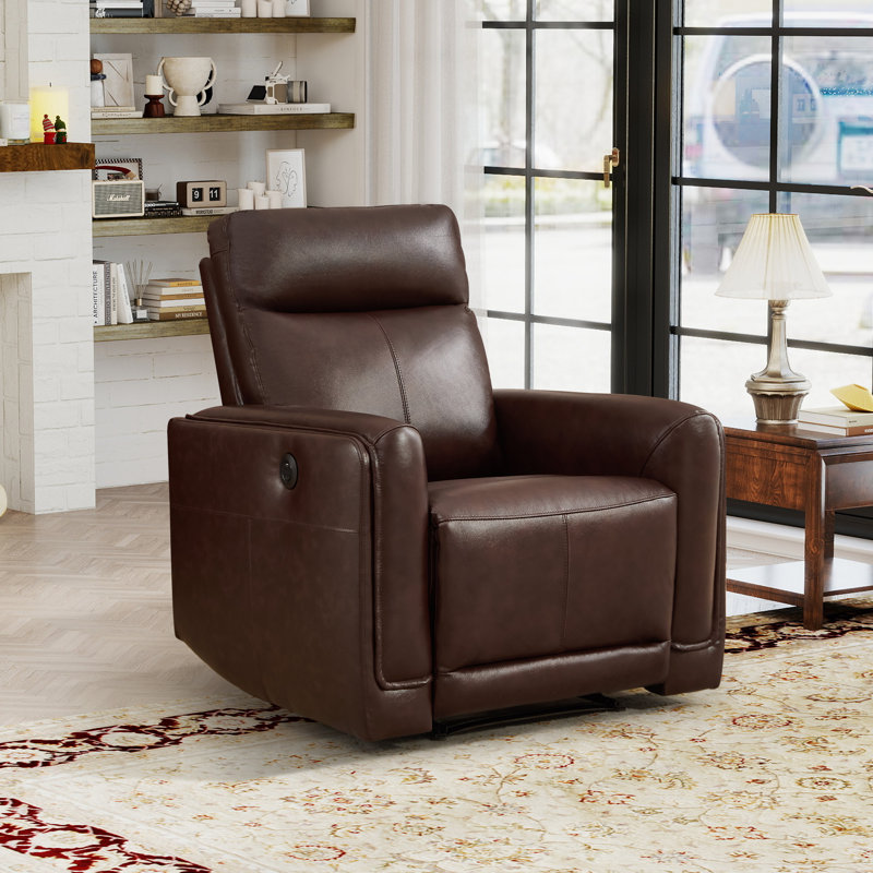 34.65'' W Contemporary Premium Top-Grain Leather Power Reclining Chair With USB & Type-C, Espresso Brown