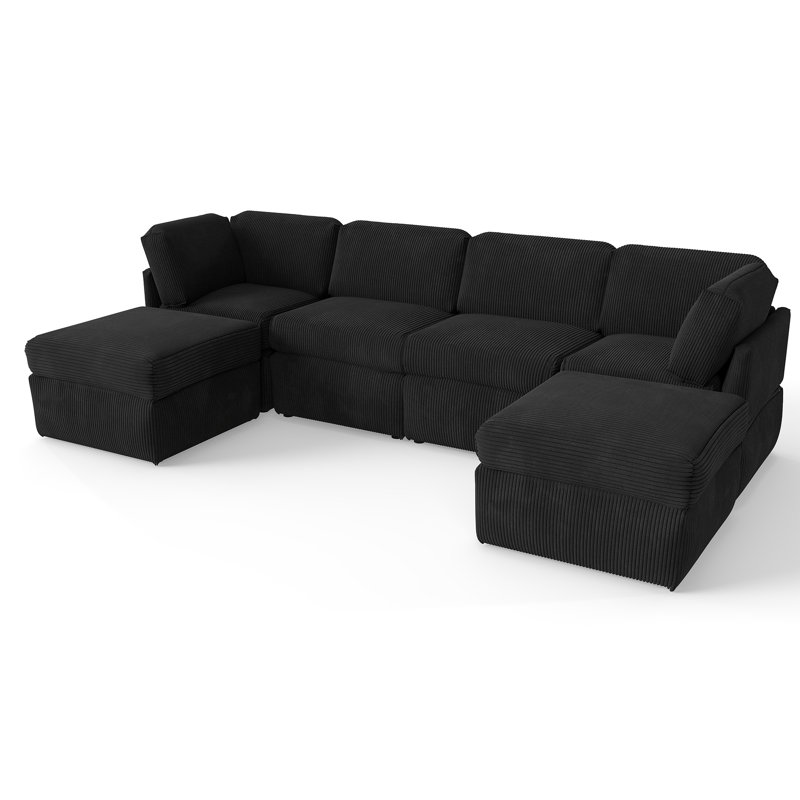 Joko 130.7" 6-Seater Corduroy Reversible Modular Corner Sectional Sofa with Ottoman U-Shape, Black Corduroy