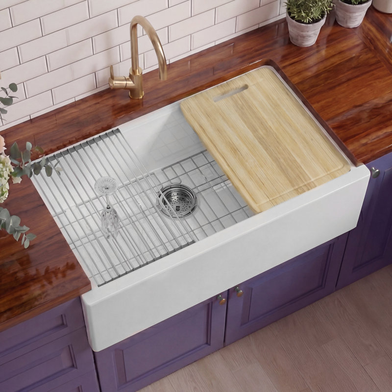 33"L x 20"W Fireclay Self-Trimming Farmhouse Sink Workstation with Tall Apron Front, Dual Mount Single Bowl White for Kitchen, Included Cutting Board and Sink Grid