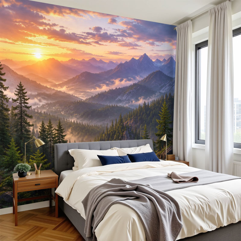 Papier peint adhésif auto-adhésif Sunrise Misty Pine Forest Mountain, L 100,08 po x l 144 po