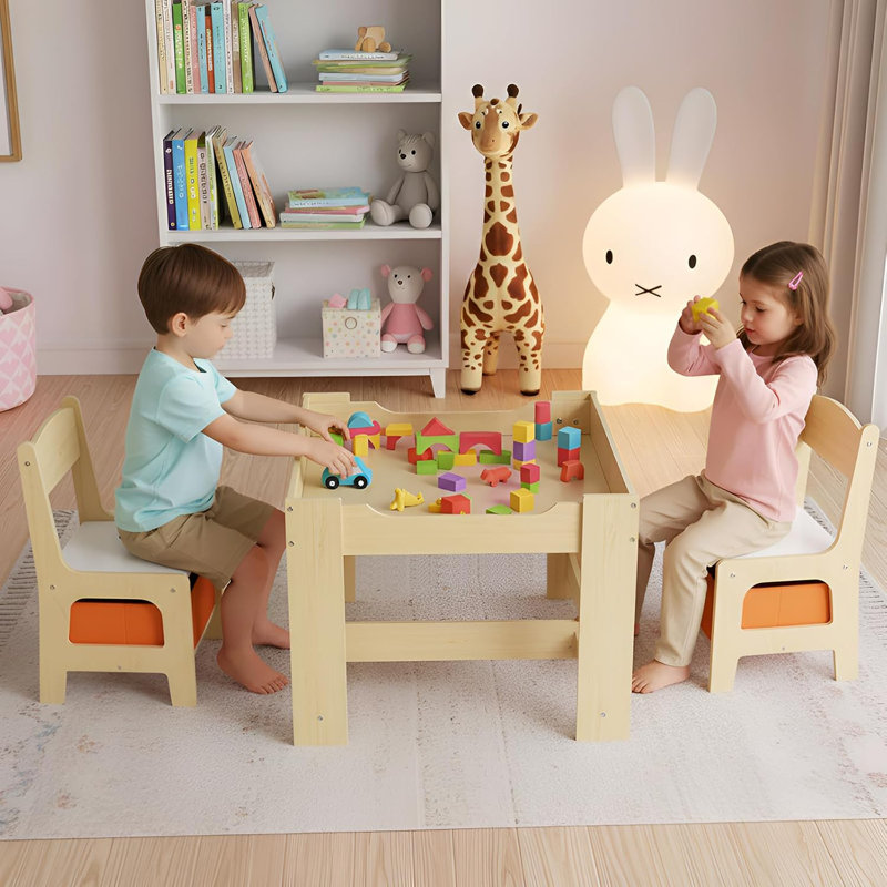 Kids Table and Chair Set, 4 in 1 Wooden Children Activity Table w/Storage, Reversible Deskboard, Blackboard, Detachable Tabletop for Toddlers Art Crafts, Playroom, Drawing, Reading Natural(beige)