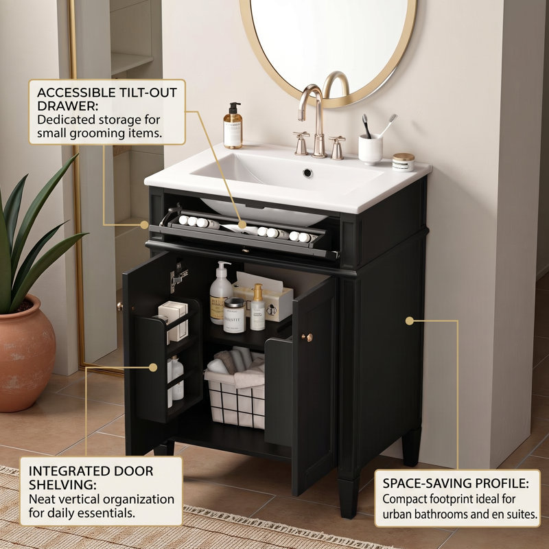 Modern 24" White Freestanding Bathroom Vanity With Ceramic Sink, Tip-Out Drawer & 2 Soft-Close Doors With Organizers, Black