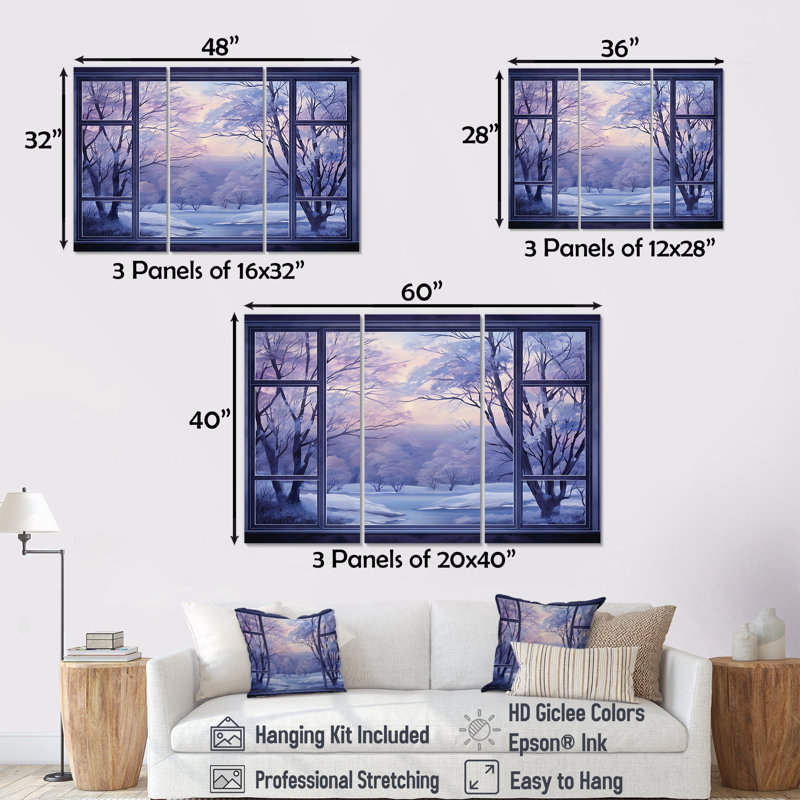 «Purple River Winter Windows IV - Winter Landscape», art mural, Toile tendue, H 32 po x l 48 po x P 1 po