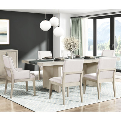 Extendable 7pc Dining , Beautiful Antique White, Textured Fabric Chairs, Rectangular Table For Family Dinners Room