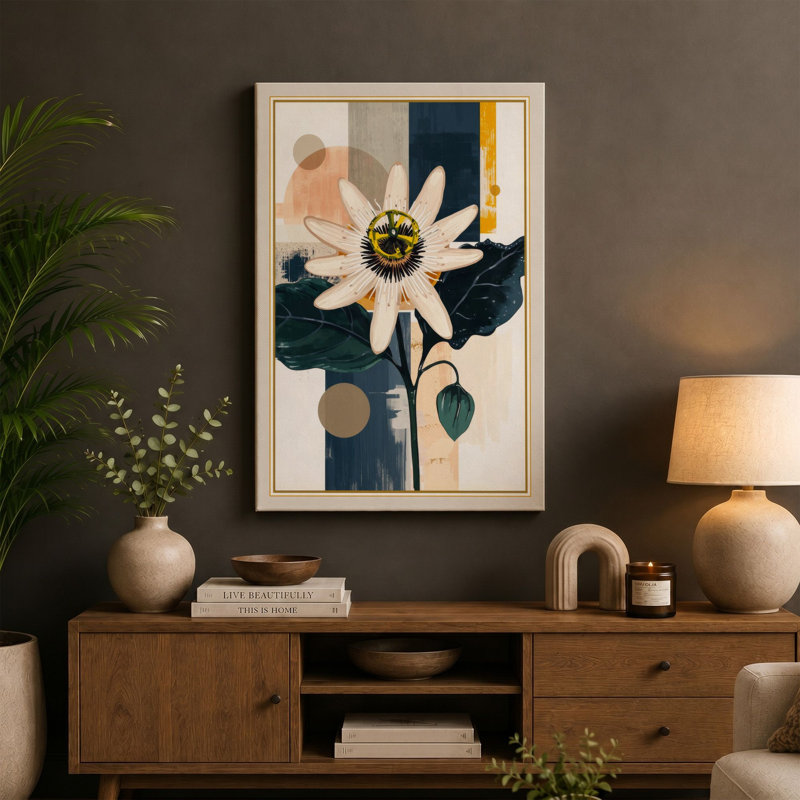 Daisy and Geometry Botanical - Wrapped Canvas, 30x20 - 76.2 x 50.8 cm, Cream Border