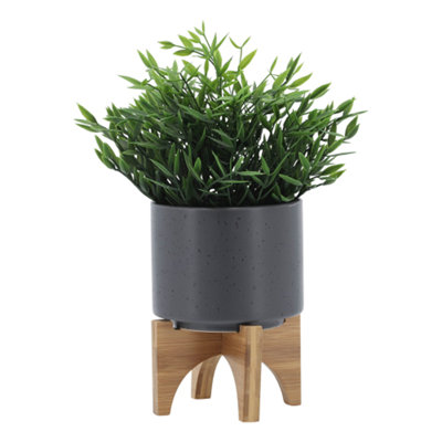 Ceramic Planter with Bamboo Stand - Modern Plant Pot with Elevated Base for Indoor Use