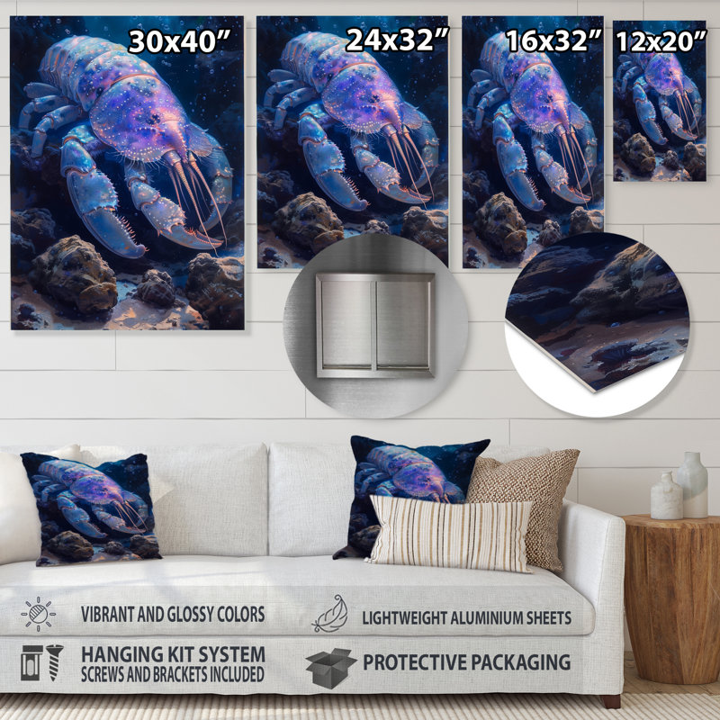 «Blue Glowing Abyss Crabe Creatures - Sea Creatures», reproduction d'art, H 24 po x l 32 po, Métal métal