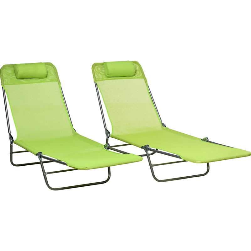 6 Reclining Garden Sun Chairs, 2 Piece , , Breathable Mesh Seat, With Pillow Foldable Beach Lounge Back, For Poolside, Yard, Patio,