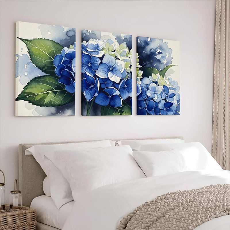 «Blue Hydrangea», reproduction de peinture à l'huile sur toile, ensemble de 3, H 30 po x l 60 po
