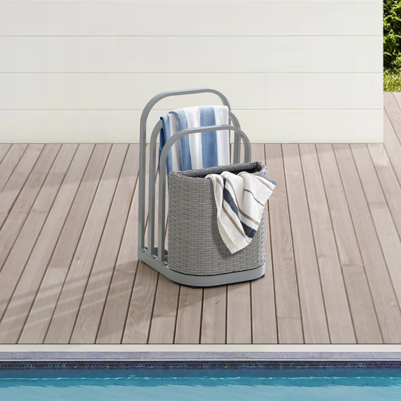 Gray Aluminum and Wicker Poolside Towel Rack with Storage Basket