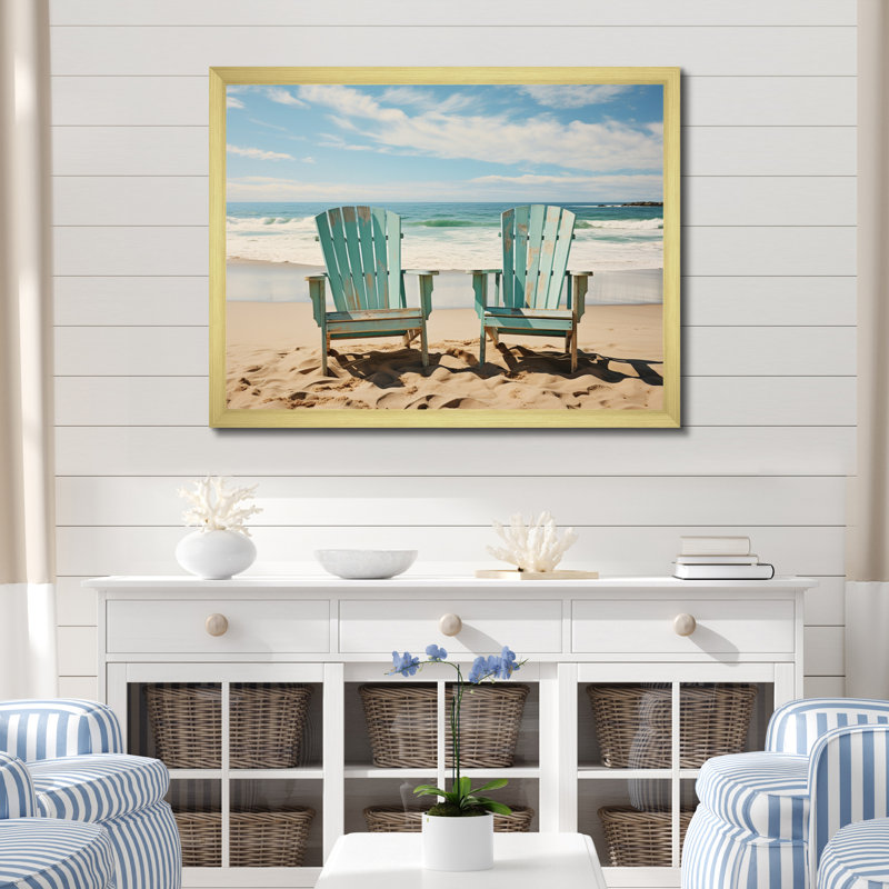Chaises de plage bleu sarcelle I sur toile, H 16 po x l 32 po x P 1 po, Encadrement doré