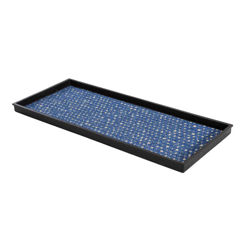Tapis de démarrage écologique en caoutchouc bleu et ivoire 14 po x 34 po avec rebords surélevés pour chaussures boueuses, outils de jardinage et accessoires pour animaux - intérieur / extérieur
