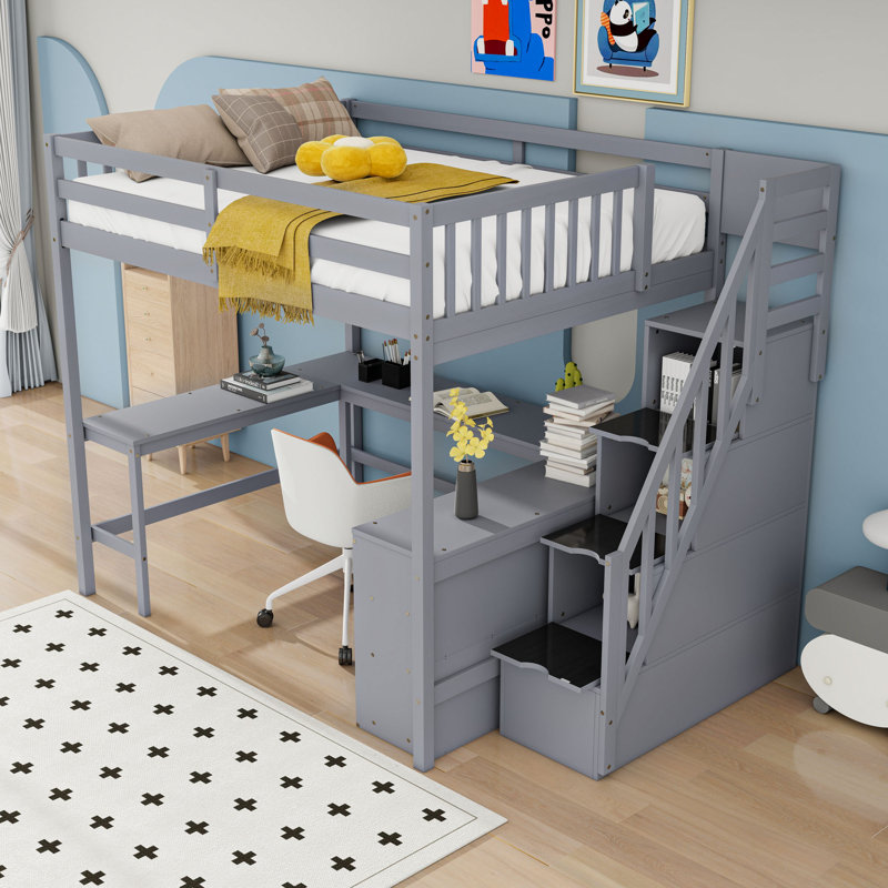 Lit mezzanine double en bois avec bureau intégré en L et tablettes de rangement, Gris