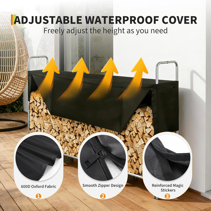 Support à bois de chauffage avec demi-housse imperméable Oxford, support de rangement pour bûches intérieur / extérieur, organisateur de pile à bois pour foyer, patio, foyer, cour arrière