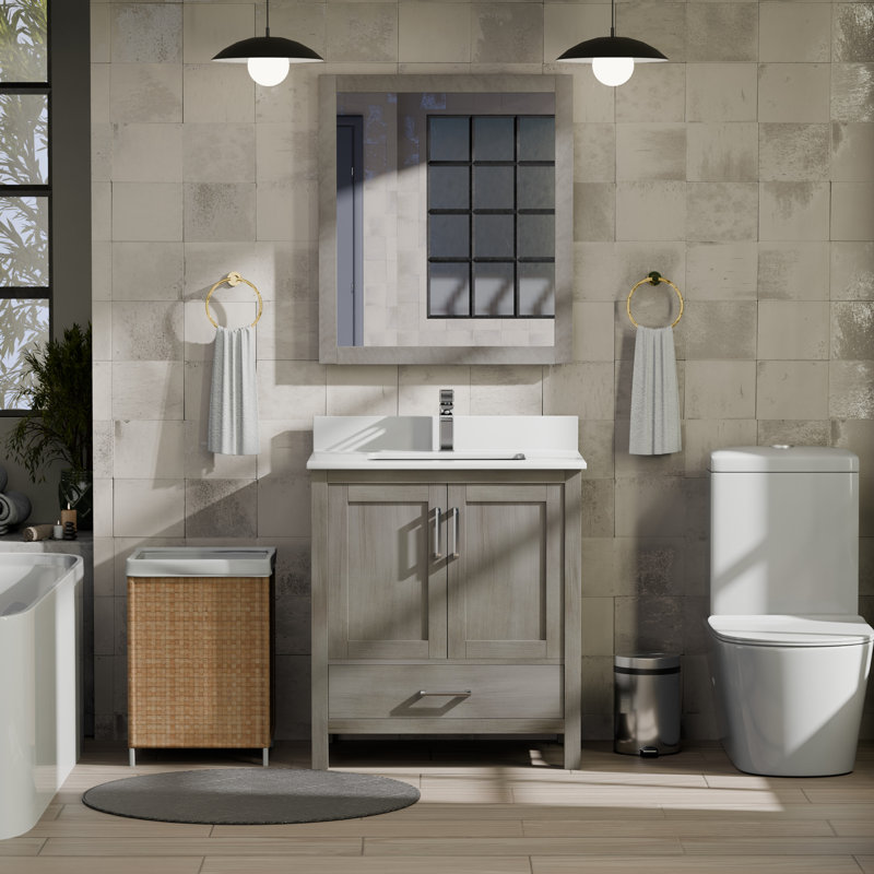Jacques 30 in. W x 22 in. D Bath Vanity, Faucet Set, and 28 in. Mirror, Distressed Gray, White Quartz