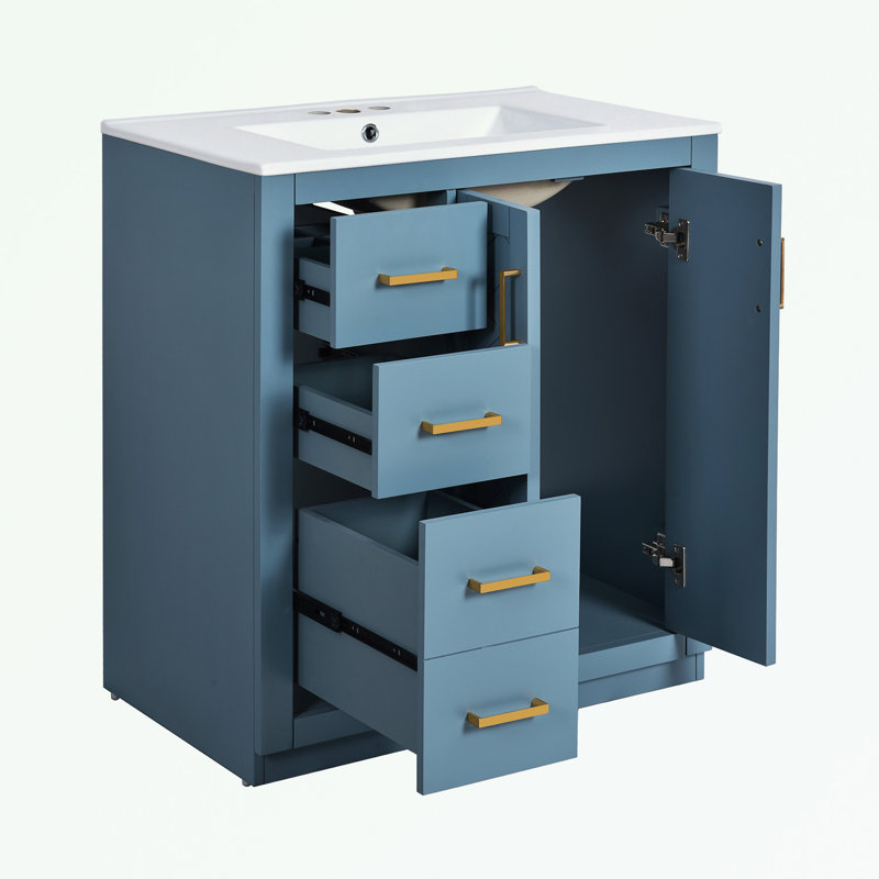 Meuble-lavabo de salle de bain avec lavabo en céramique, 3 tiroirs et portes à fermeture douce, Indigo