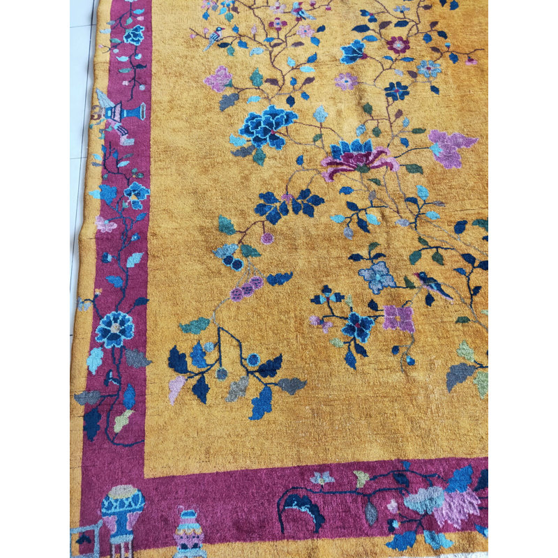 Hand Knotted Pile Floral 1920s Rectangle Wool Yellow / Gold Orange Antique Rug