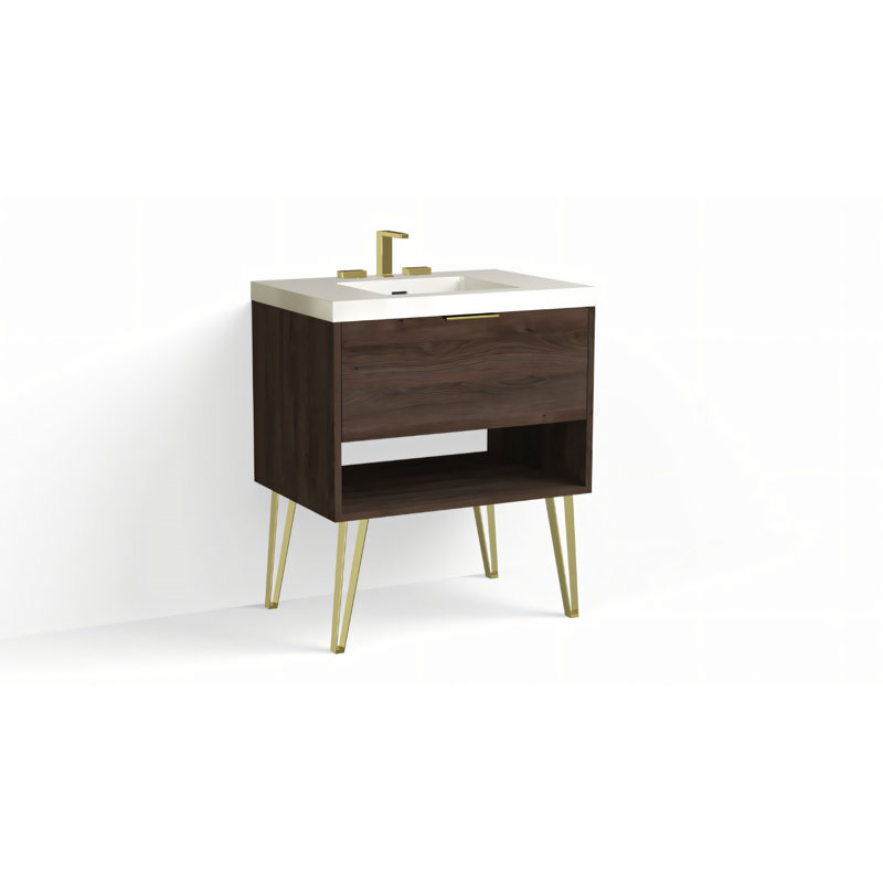 Modo 30" W Freestanding Single Bathroom Vanity with Dawson Leg, Gloss White/8" Widespread, Charred, Satin Brass