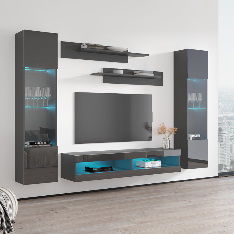 Meuble audio-vidéo mural flottant moderne de 100 po avec éclairage à DEL 16 couleurs, finition ultrabrillante, gris