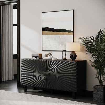 59'' Modern Buffet Sideboard With 4 Sunburst Doors,Credenza Storage Cabinet With Solid Wood Legs,Large Storage Cabinet For Kitchen Dining Living Room Entryway