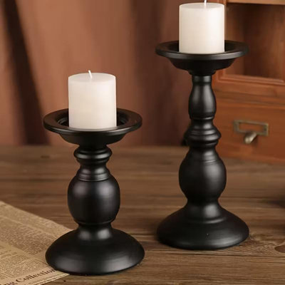 Classic Roman Column Design Metal Candle Holders Set (2-Piece) - European Style Black Iron Candelabra for Wedding, Banquet & Home Decor