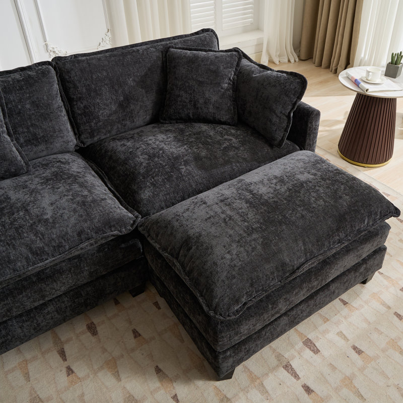 Schmucker Modular Sleeper Sectional Sofa, Oversized Cloud Couch With Ottoman, Black Chenille, 33" H x 113.8" W x 35" D