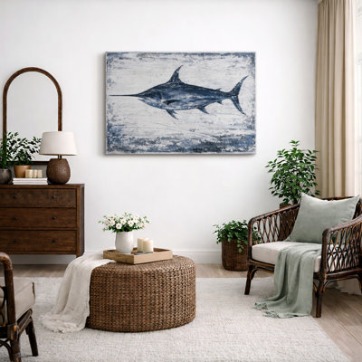 Swordfish Artwork, Nautical Ocean Creature Living Room Pictures, Framed Canvas Giclee Print Wall Art