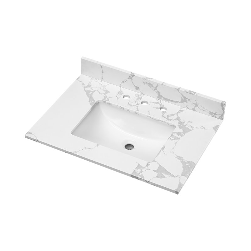 31" W Quartz Stone Vanity Top With Rectangular Undermount Sink And 4" Backsplash