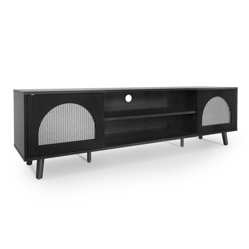 TV Stand With Glass Double Doors For 70‘’ TV, Black