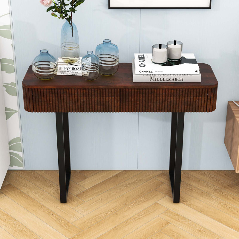 Minimalist Wooden Fluted Design Console Table with Two-Drawer, Metal Legs and Adjustable Feet, Honey