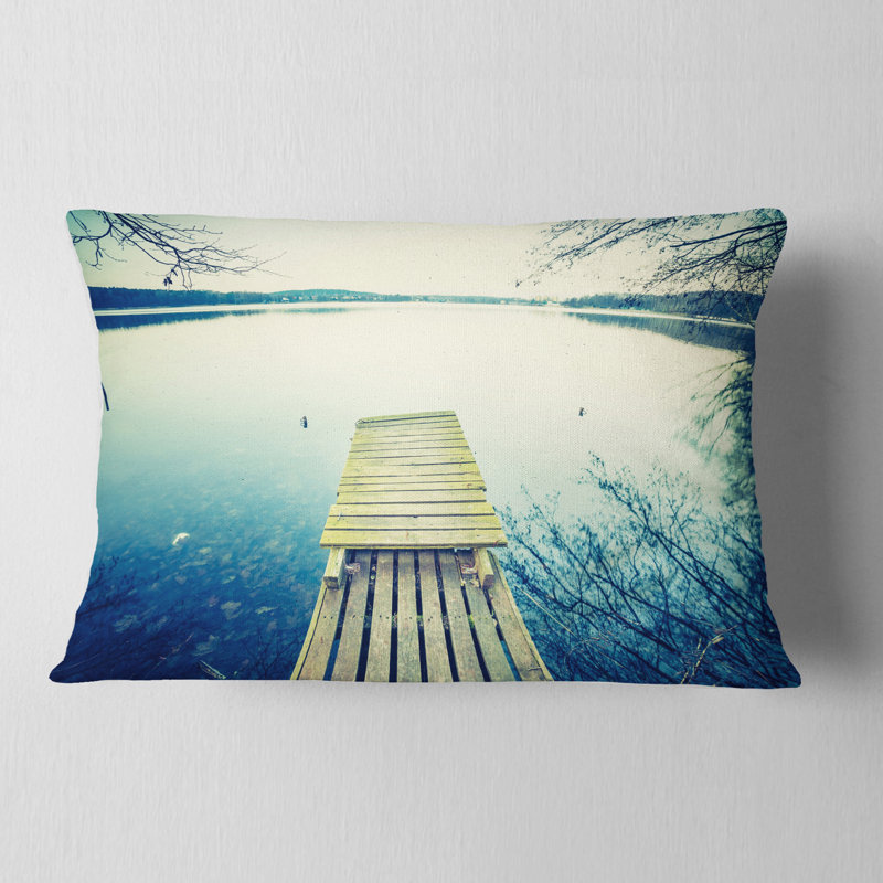 Sunset Over Tranquil Lake - Pier & Bridge Printed Throw Pillow