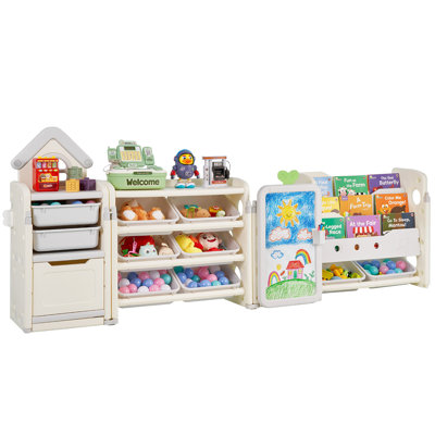 Kids 4-Tier Toy Storage Organizer with 10 Movable Bins, Bookshelf, and Drawing Board for Study and Play Areas