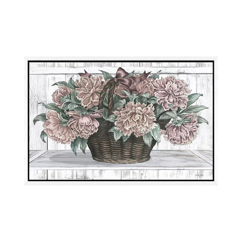 Basket Of Peonies by Cindy Jacobs - Print on Canvas, 66.04cm H x 101.6cm W x 3.81cm D, White Framed Canvas