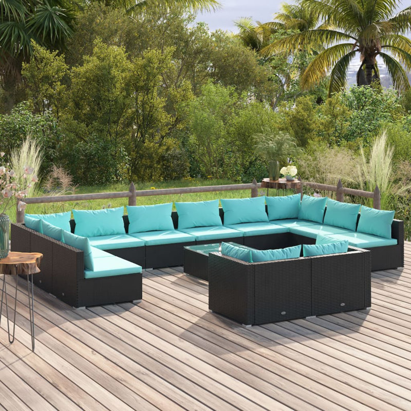13 Piece Lounge Sofa Seating Group, Water blue, Black
